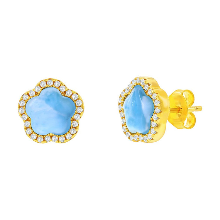 Sterling Silver, Flower Larimar, CZ Outline Studs - Gold Plated