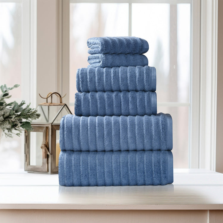 6 Piece Ribbed 100% Egyptian Cotton Towel Set - Deep Blue