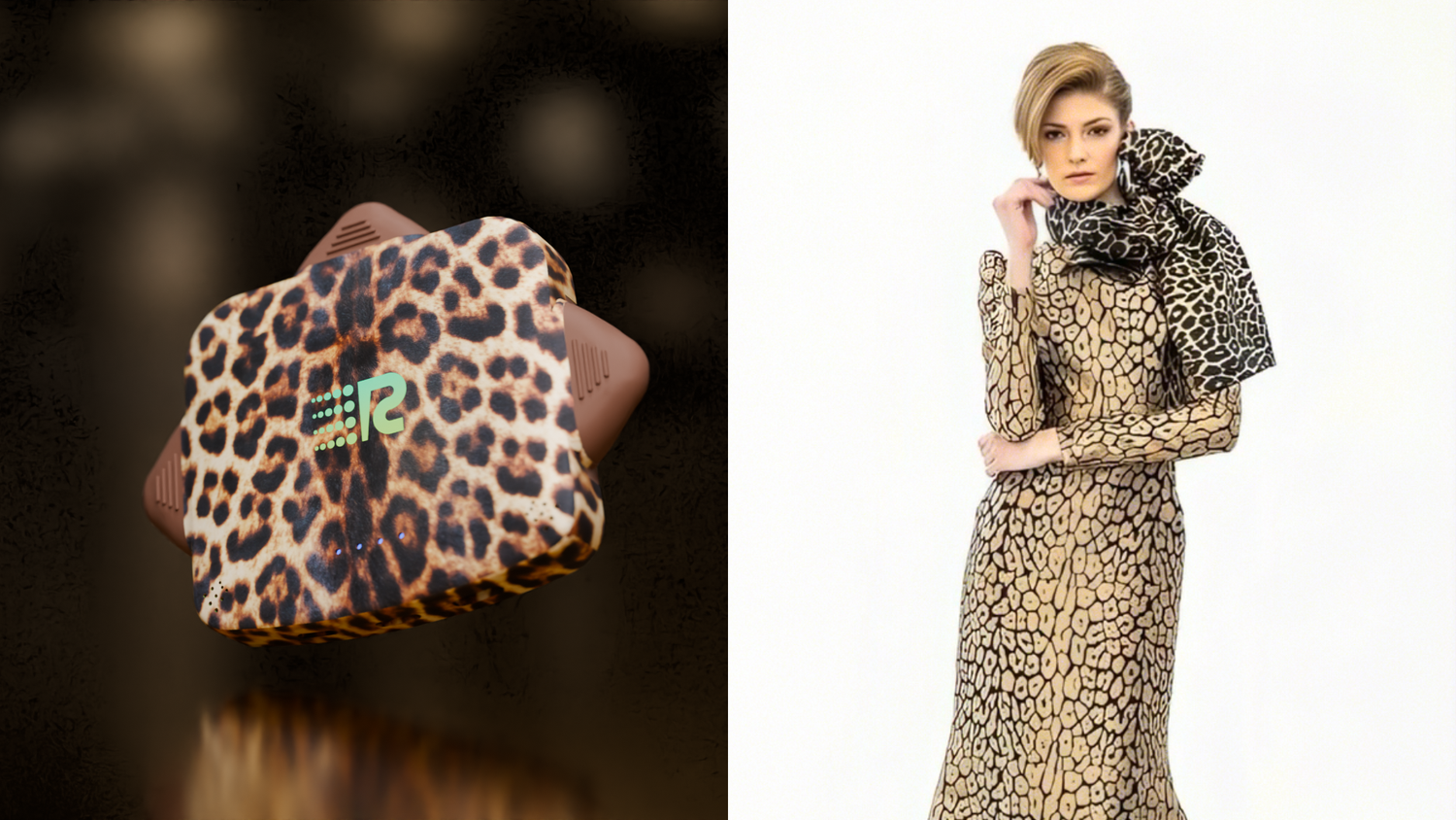 Leopard print handbag with a brand logo next to a model wearing a leopard print outfit.