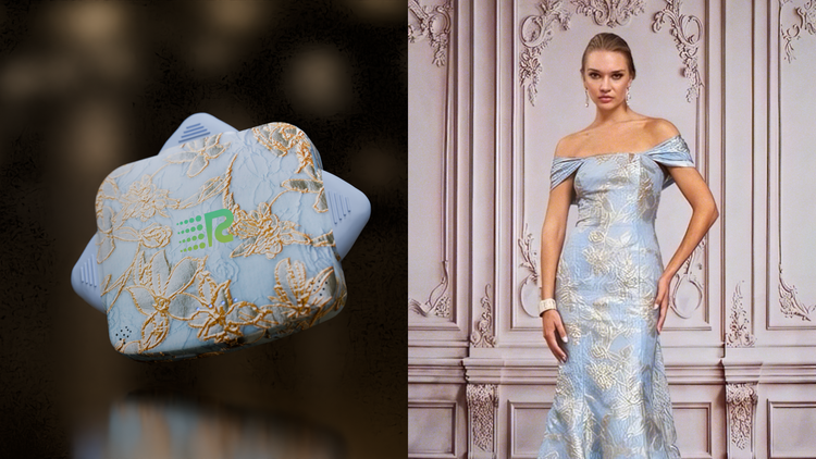 Light blue embroidered dress on a model against an ornate wall, next to a close-up of the dress fabric.
