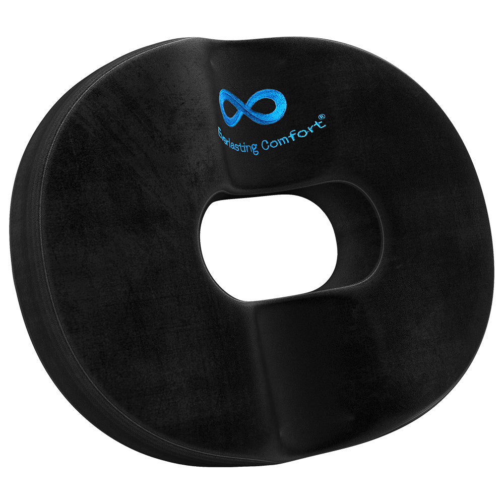 Black donut pillow with 'Sweating Comfort' logo on a white background