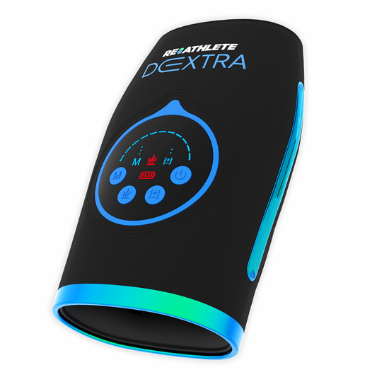 A black ReAthlete Dextra muscle stimulator device with blue and cyan LED lighting accents, shown on a solid white background.