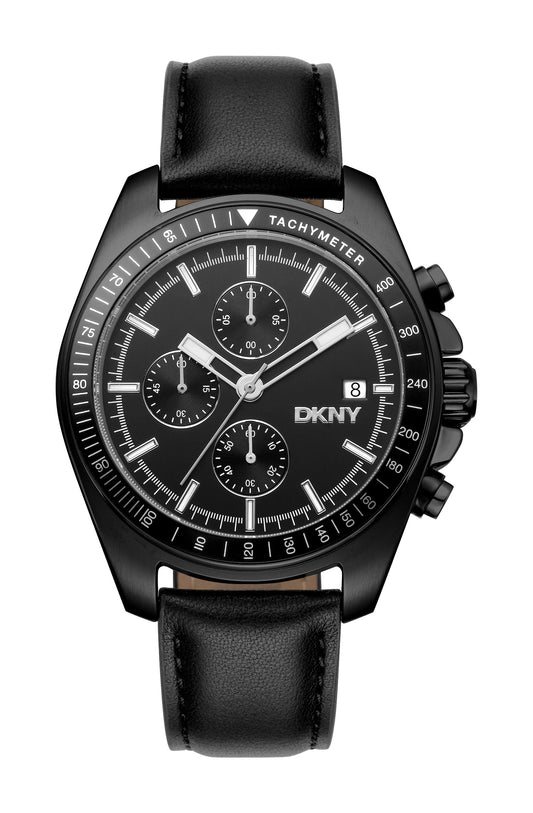 Black DKNY watch with leather strap on a white background