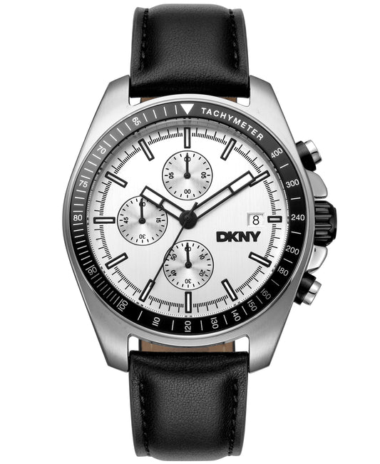 DKNY watch with black leather strap and silver case on a white background