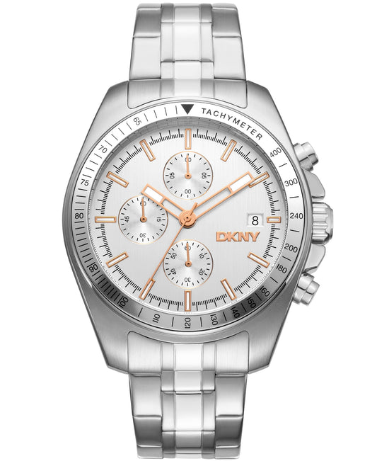 Silver DKNY watch with a white face on a white background