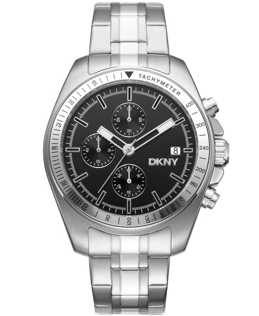 Silver watch with black dial on a white background