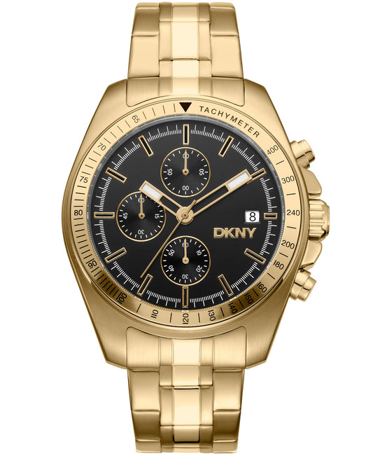 Gold wristwatch with a black dial on a white background