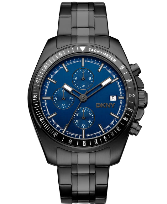 Black DKNY watch with blue face on a white background