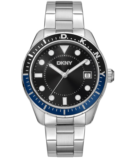 Silver watch with black face and blue bezel on a white background