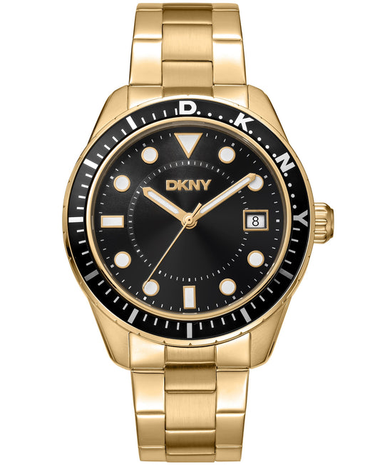 Gold watch with black dial featuring DKNY branding on a white background