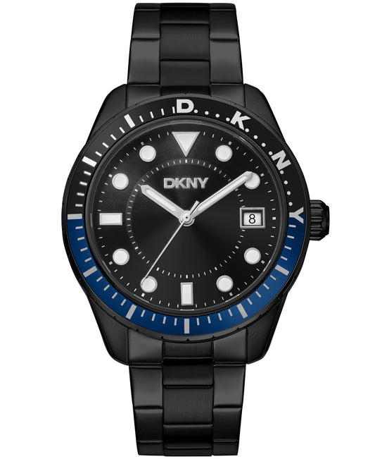 Black DKNY watch with blue bezel on a white background
