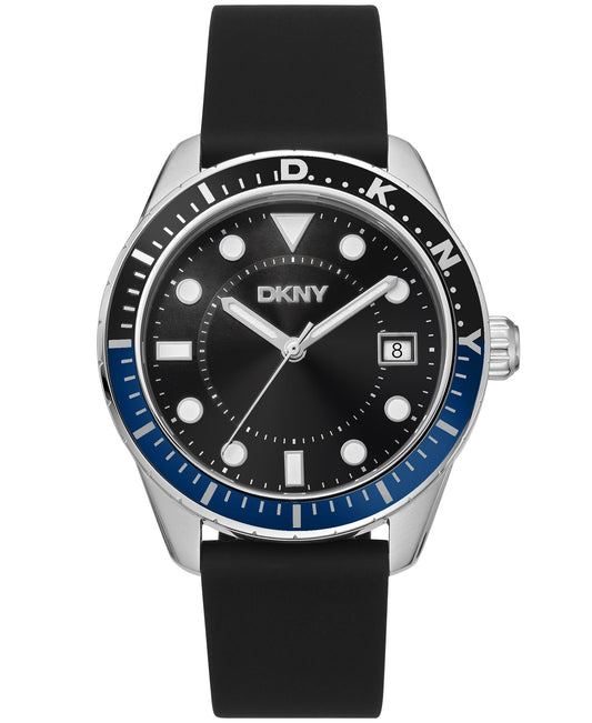 DKNY watch with black dial, blue bezel, and black rubber strap on a white background