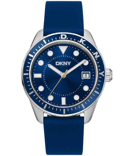 Blue watch with silver case and blue strap on a white background