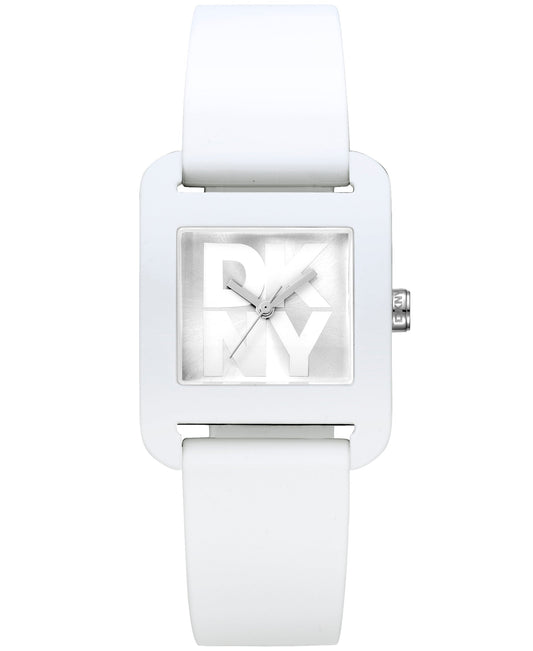 White watch with a square face on a white background