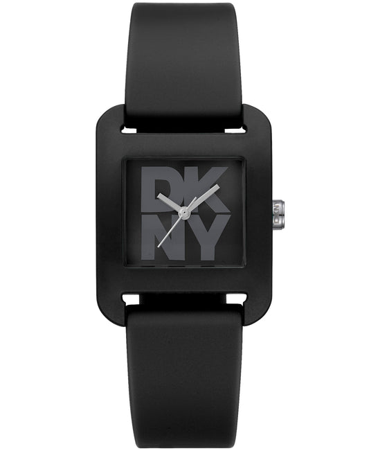 Black watch with a square face displaying 'DKNY' on a white background