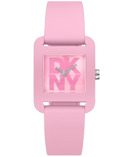 Pink watch with 'DKNY' logo on a white background