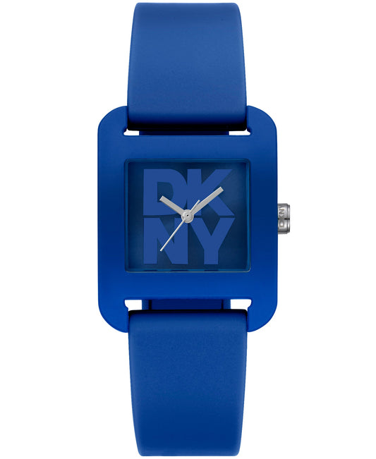 Blue watch with a square face displaying 'DKNY' on a white background