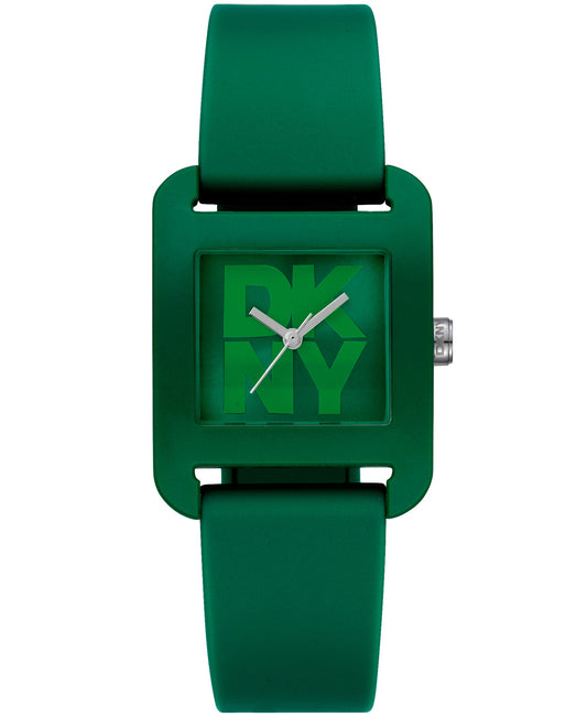 Green watch with a square face displaying the letters 'RY' on a white background