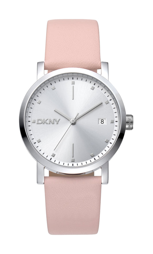 Watch with pink strap and silver case on a white background