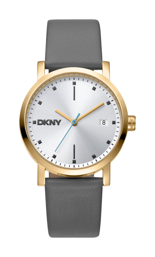 DKNY watch with gold case, white dial, and gray strap on a white background
