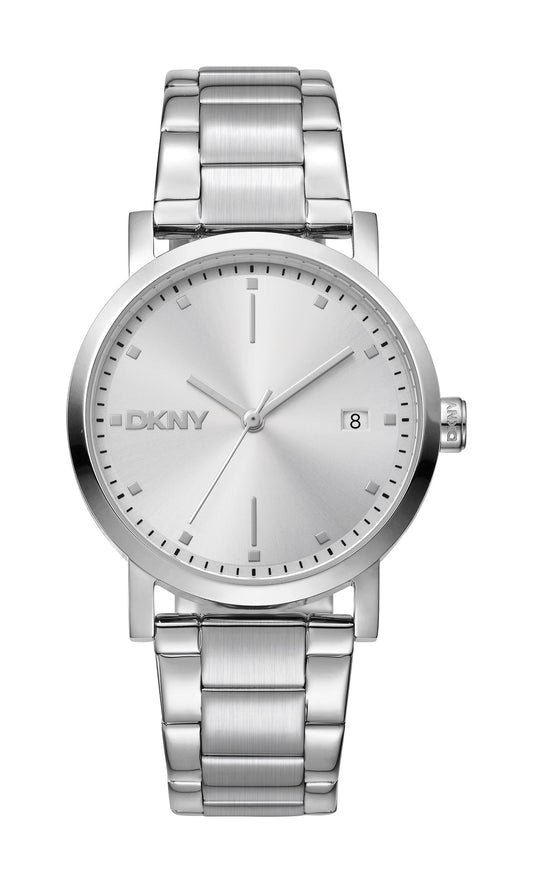 Silver DKNY watch on a white background