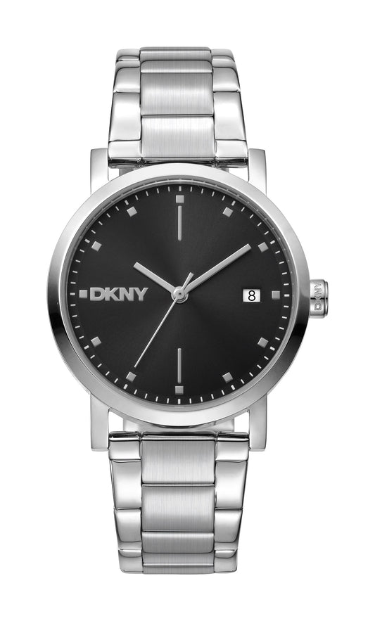 Silver DKNY watch with black dial on a white background
