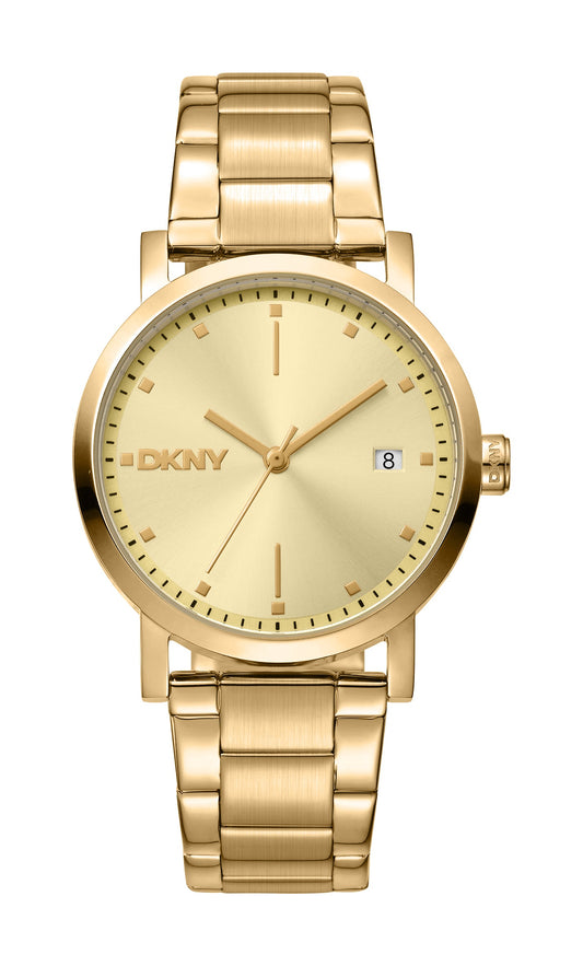 Gold watch with 'DKNY' branding on a white background