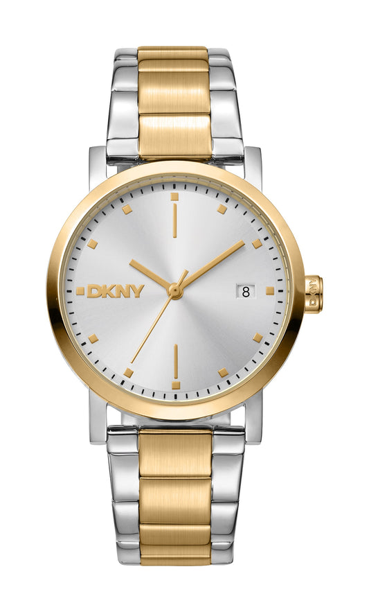 Two-tone gold and silver watch with a white face on a white background