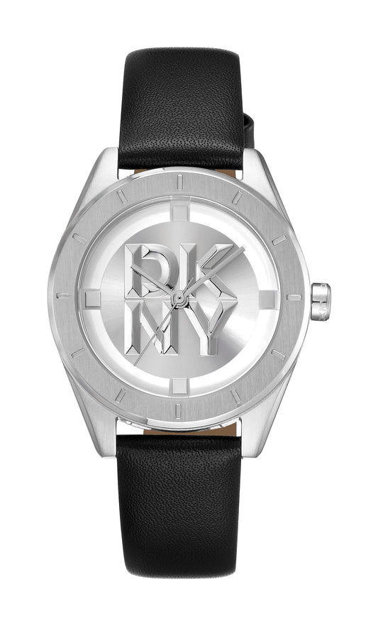 Watch with black leather strap and silver dial on a white background