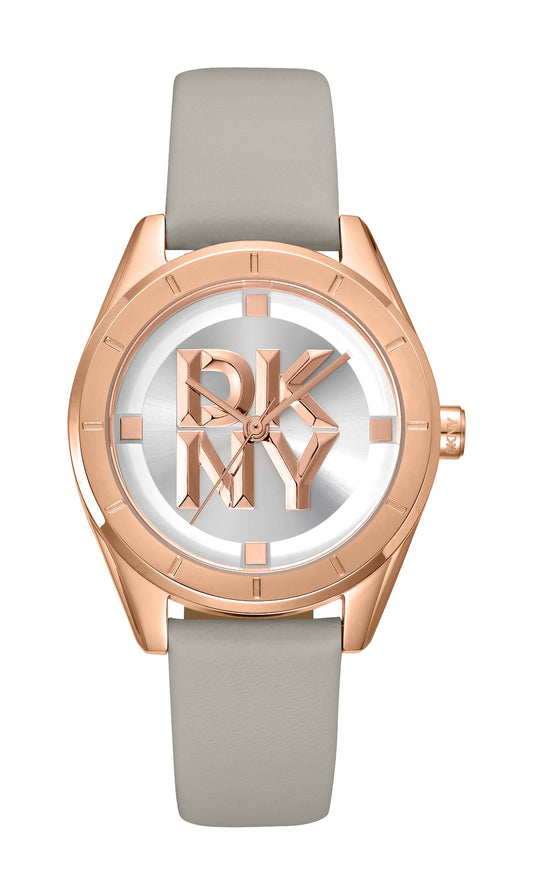 Watch with rose gold case and gray strap on a white background