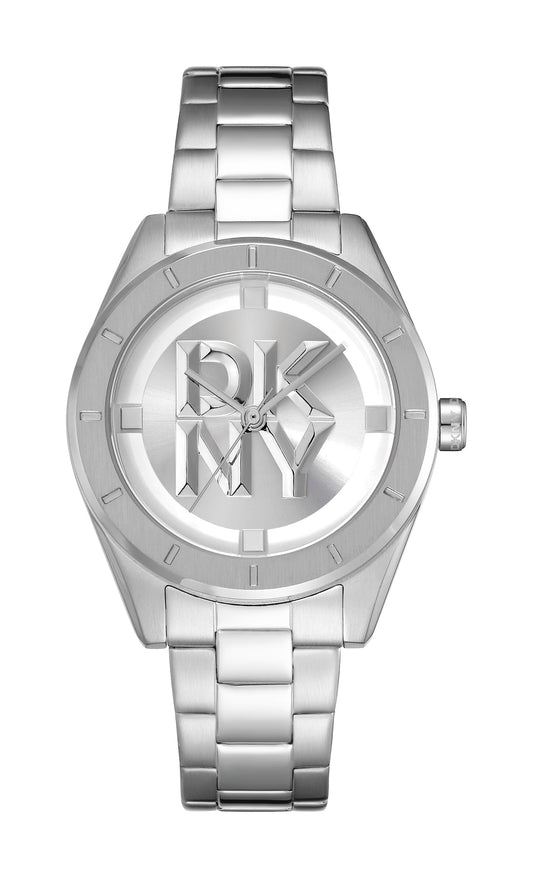 Silver watch with brand logo on a white background