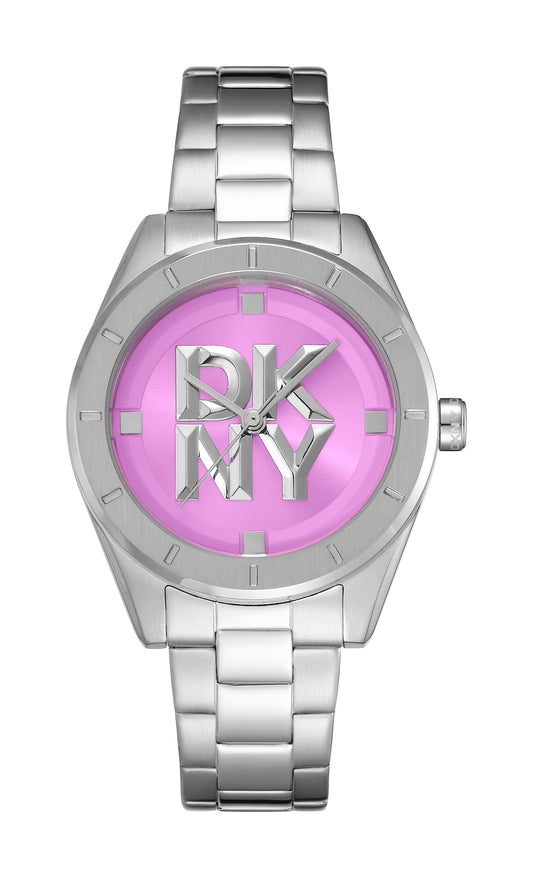 Watch with pink face and silver strap on white background