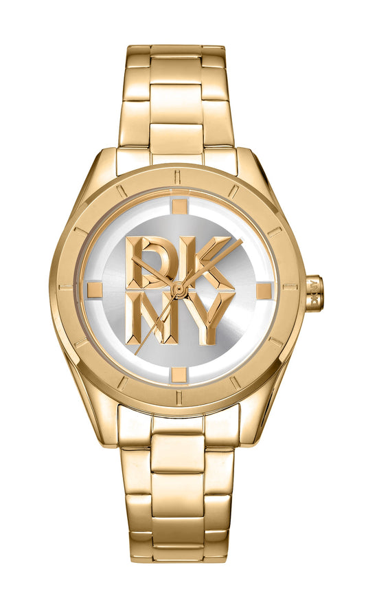 Gold watch with a brand logo on a white background