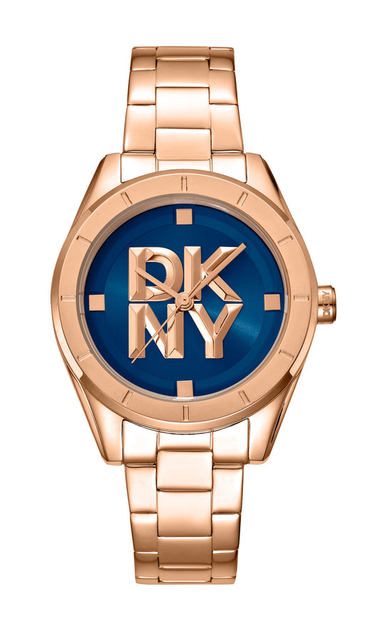 Rose gold watch with blue dial featuring a logo on a white background
