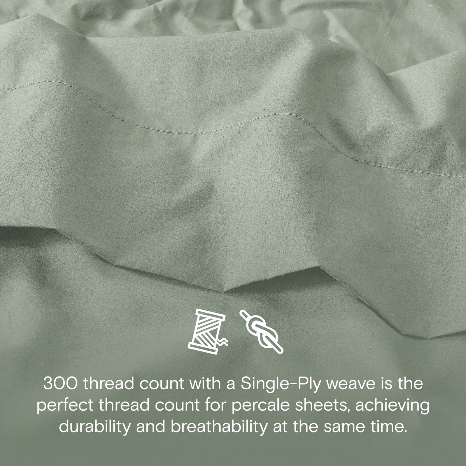 Green percale sheet with text about thread count and weave