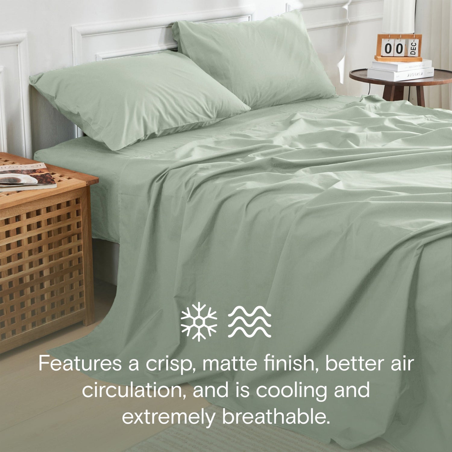 Green bed sheets on a bed with text describing features