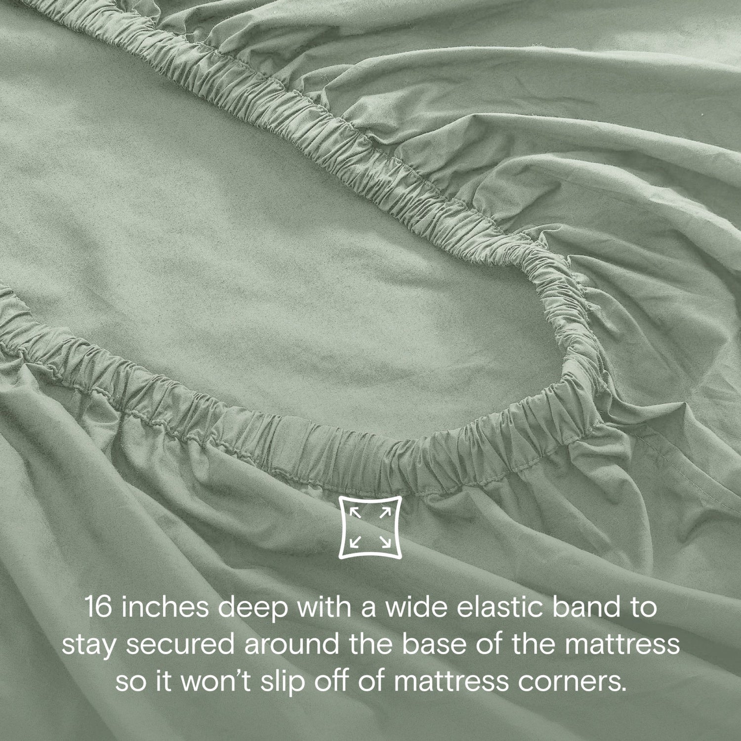 Green fitted sheet with elastic band on a mattress, text describing feature.
