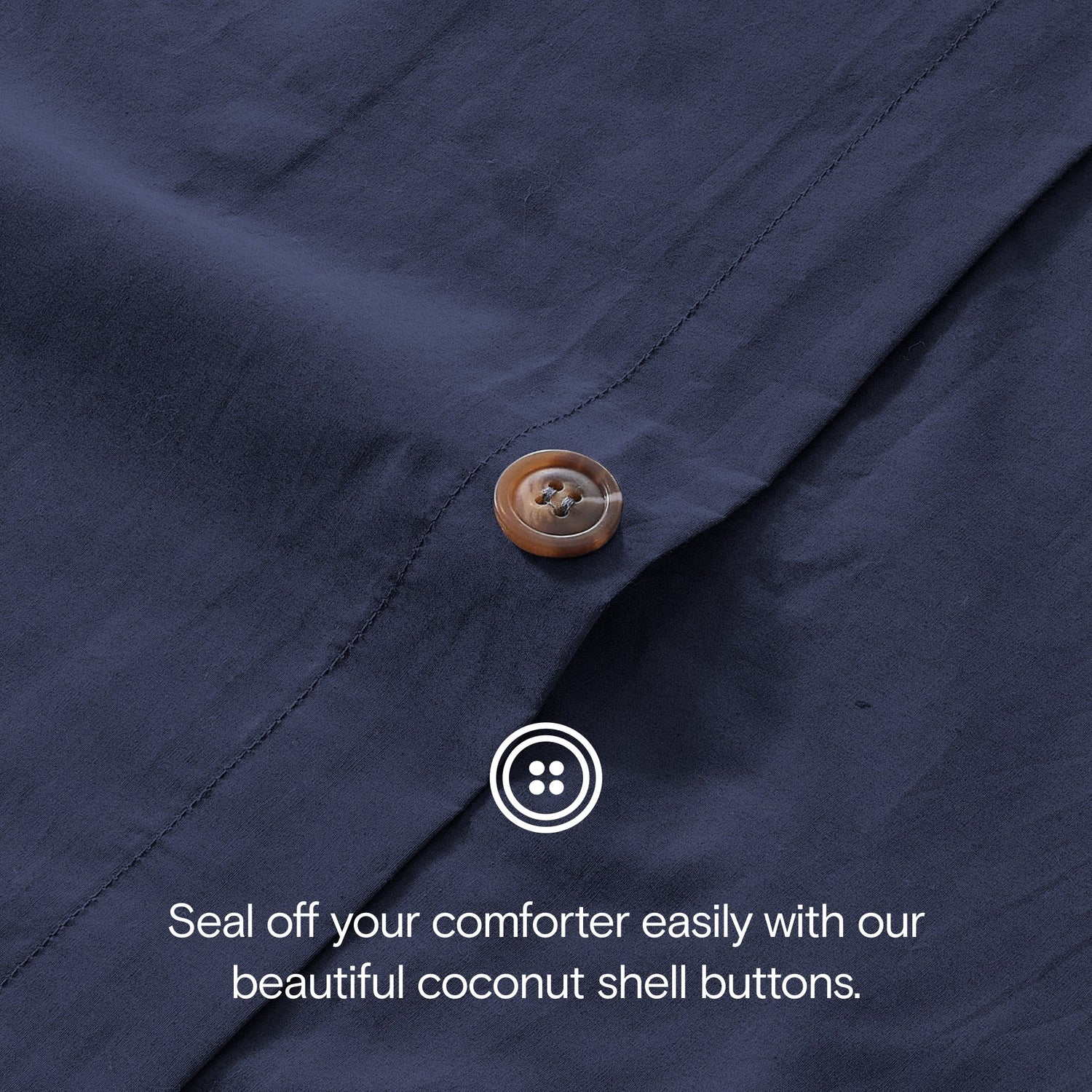Navy blue fabric with a coconut shell button and text about buttons.