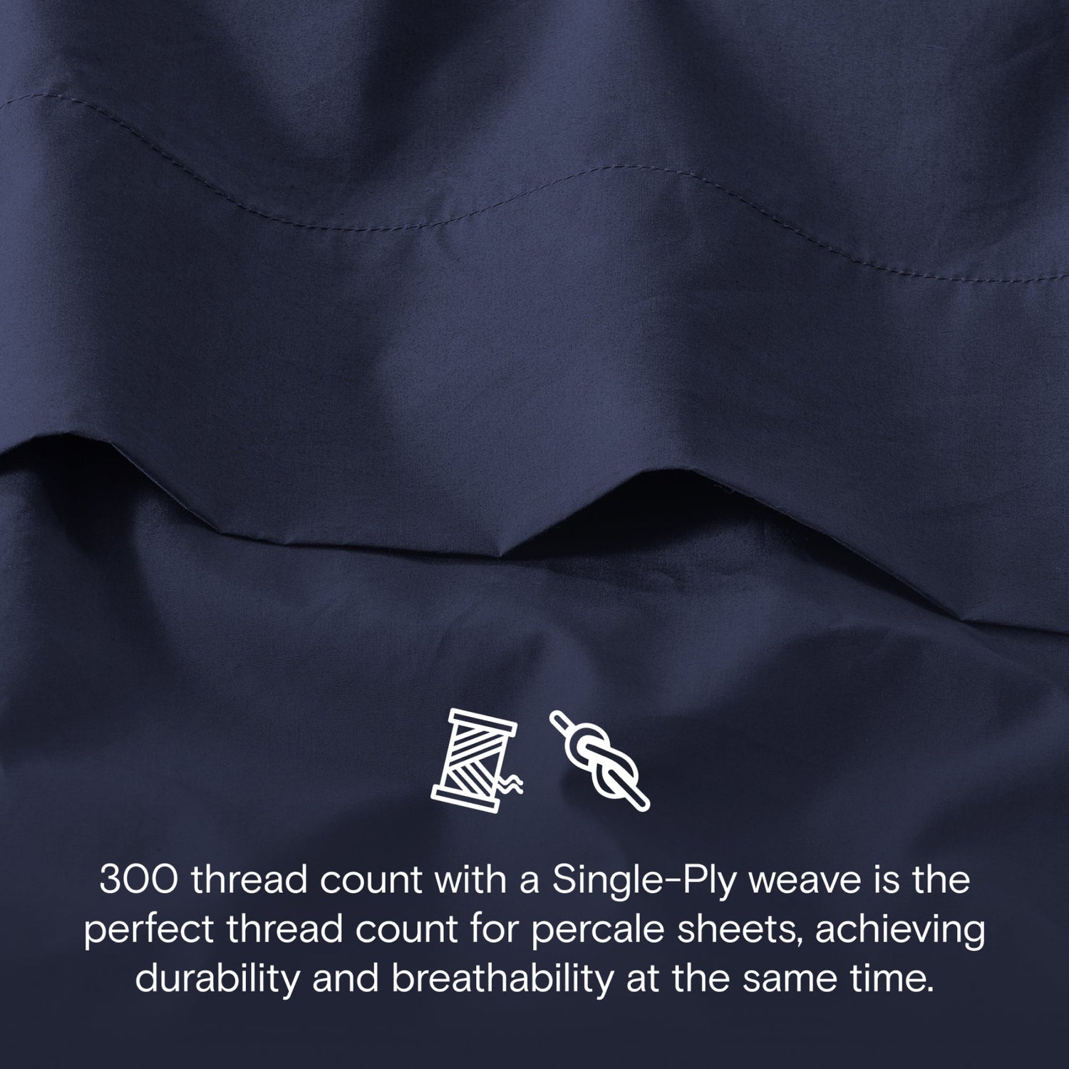 Navy percale fabric with text about thread count and weave