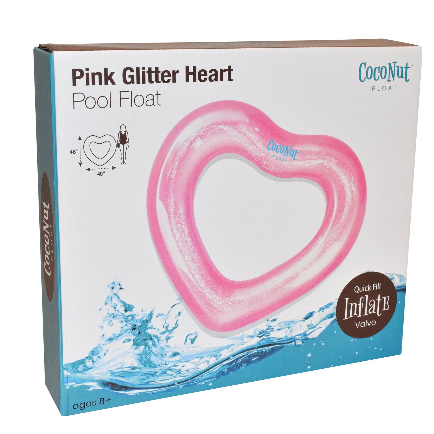Box of a pink glitter heart pool float with CocoNut branding.