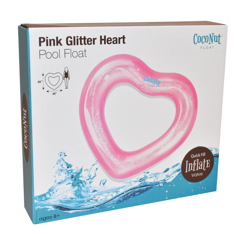 Box of a pink glitter heart pool float with CocoNut branding.