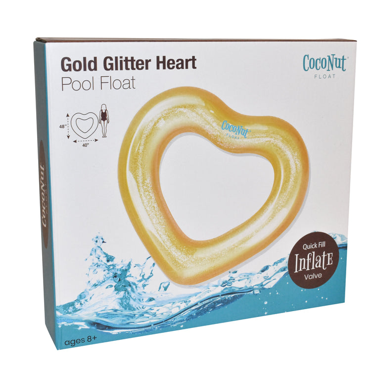 Gold glitter heart pool float packaging with Coconut Float branding