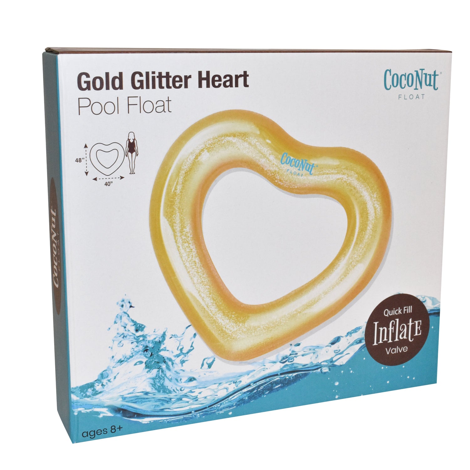 Gold glitter heart pool float packaging with Coconut Float branding