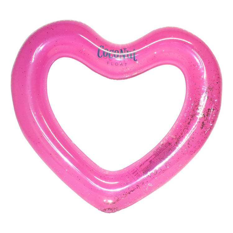 Pink heart-shaped inflatable pool float with glittery texture on a white background