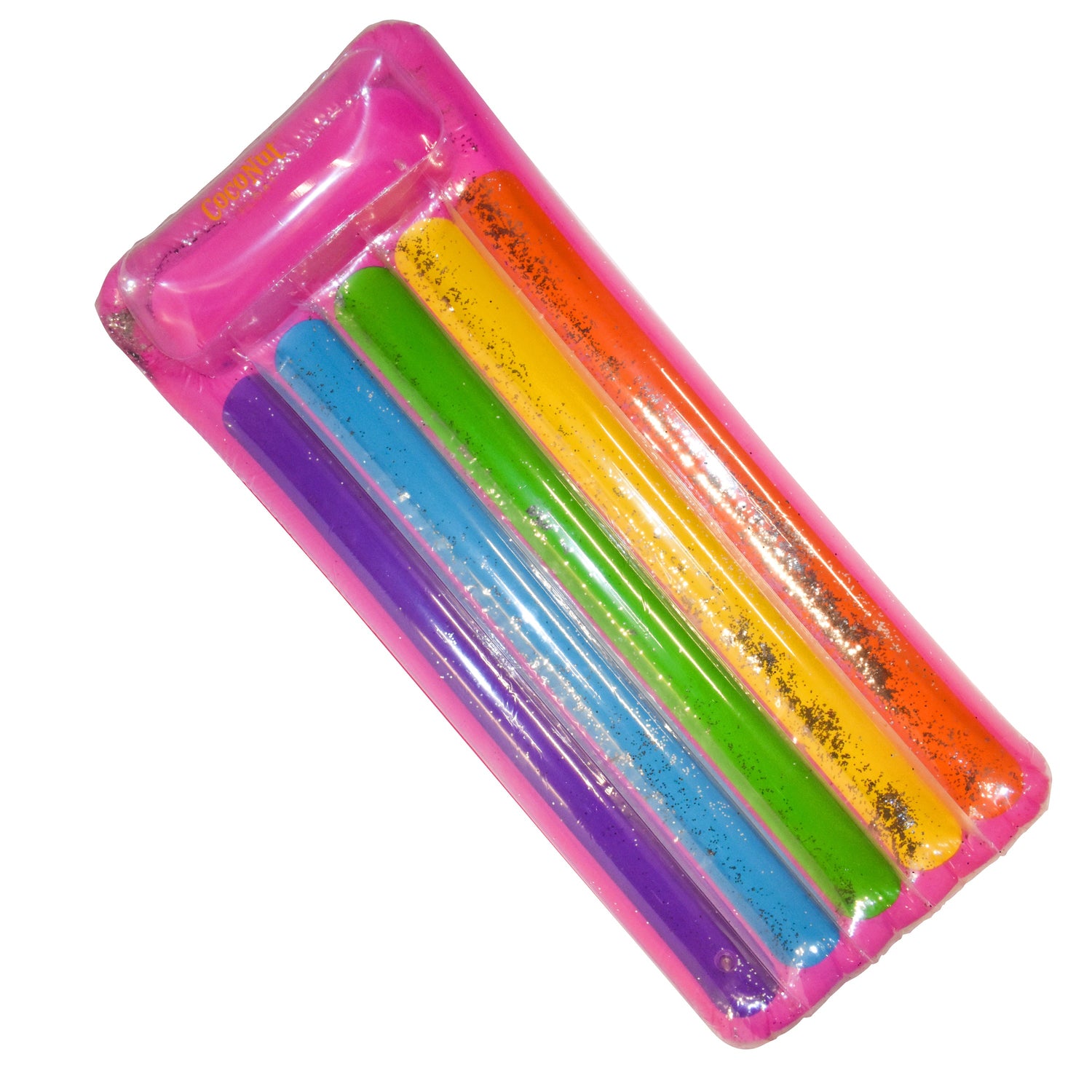 Set of colorful glowing sticks in a pink packaging on a white background