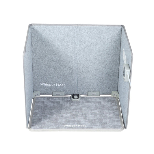 Portable shower pod with gray interior and control panel on a white background