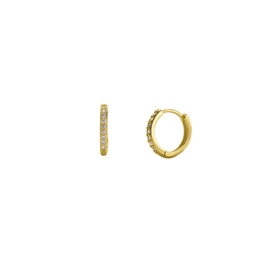 Gold hoop earrings with small diamonds on a white background