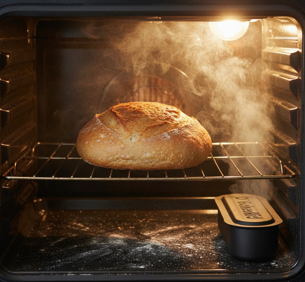 Baked bread in an oven with a lit light bulb.