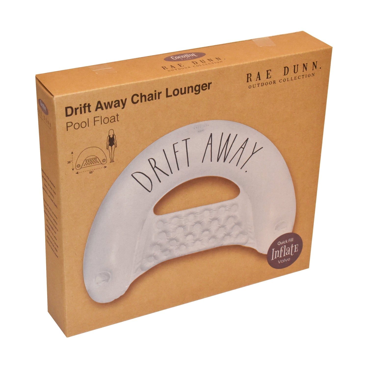 Box packaging of a 'Drift Away Chair Lounger' pool float with 'Rae Dunn' branding.
