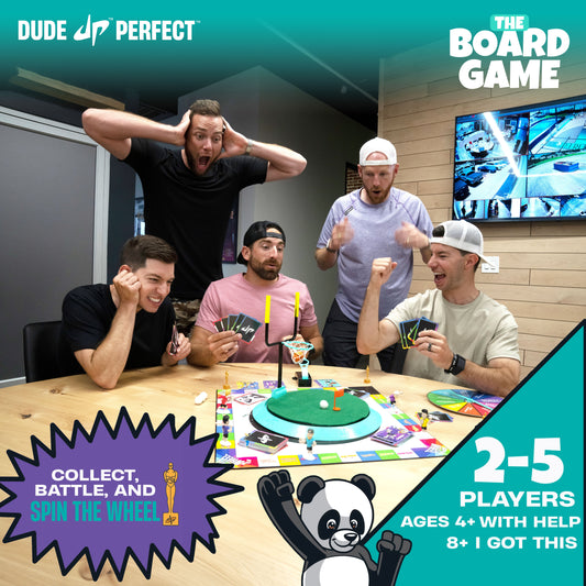 Cover of 'Dude Perfect The Board Game' with cartoon characters and colorful design.